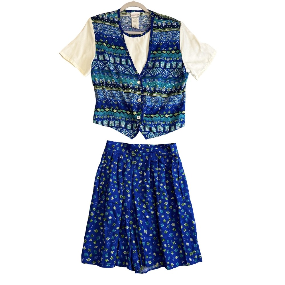 Vintage Bobbie Brooks Outfit Womens Small Blue Geometric Vest Shorts 2 Piece Set
